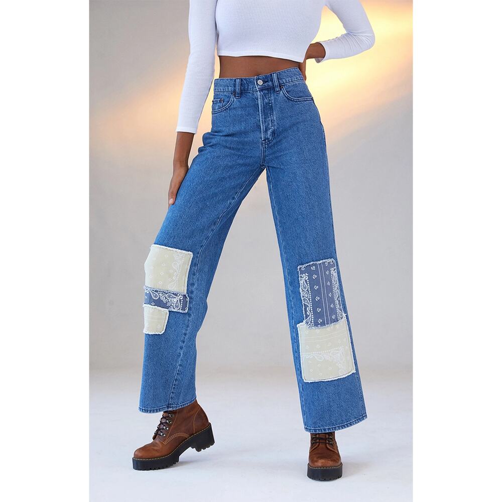 Pacsun Jeans Women's 26 Blue Bandana Patch Button Fly Baggy Wide Leg Streetwear